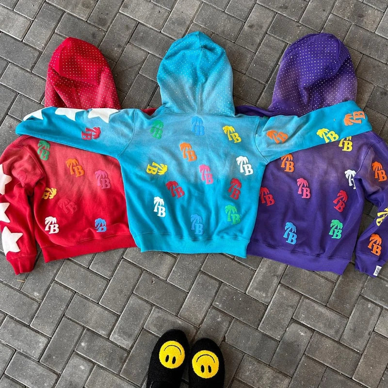 Sudadera con capucha y cremallera con diseño de letras | Chaqueta casual oversize retro unisex