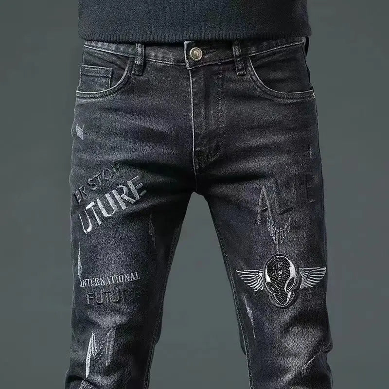 High-End Men’s Embroidered Skinny Jeans