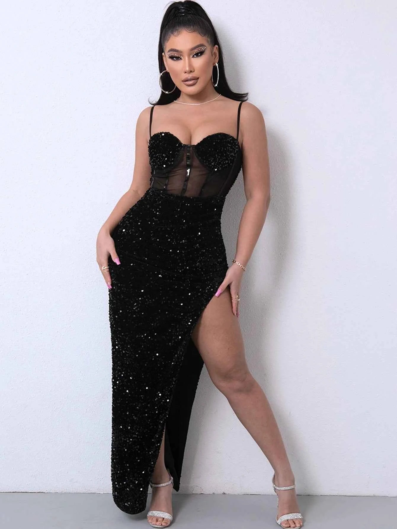 Sexy see through sequin summer dress women luxury mesh maxi birthday party dress elegant prom long evening dresses vestidos