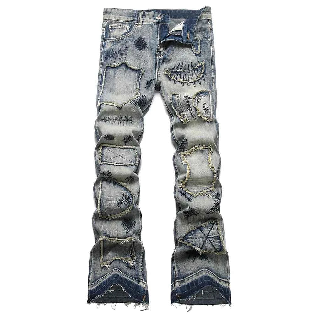 Men’s Patchwork Flare Jeans – Street Bootcut Denim