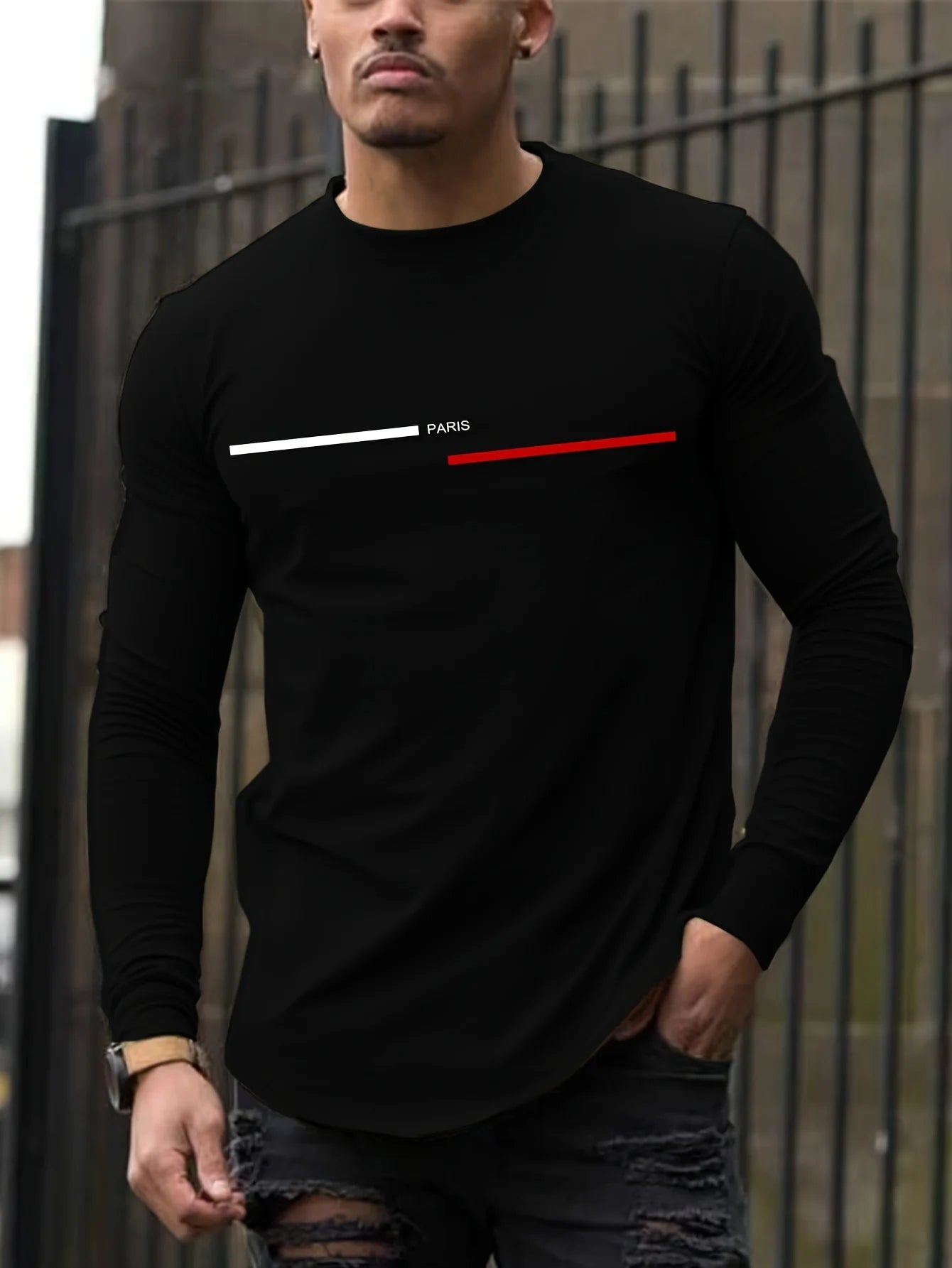 Camiseta de manga larga estampada con letras de París para hombre - 100% algodón, informal y cómoda