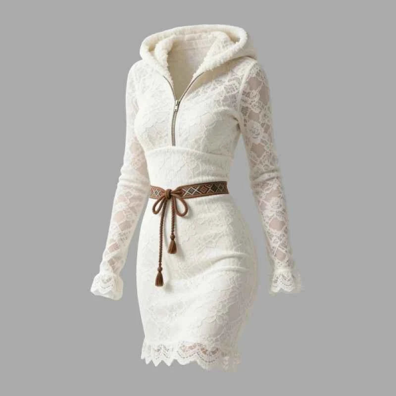 Women's Lace Half-Zip Hooded Midi Dress