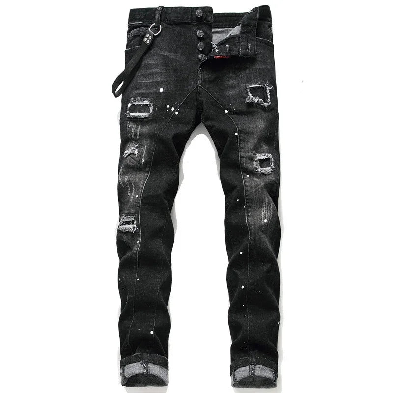 Pantalones vaqueros rotos negros para hombre, estilo italiano de calle, agujeros, pantalones de mezclilla de alta calidad para hombre, corte ajustado, talla 38