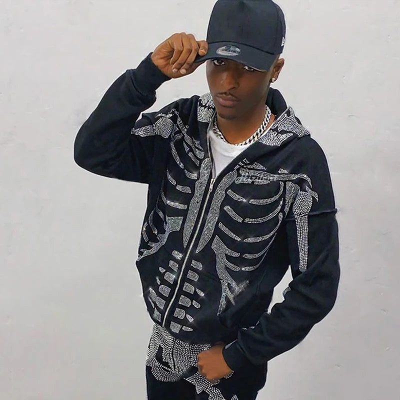 Sudadera con capucha y cremallera con esqueleto gótico de diamantes de imitación DCDG