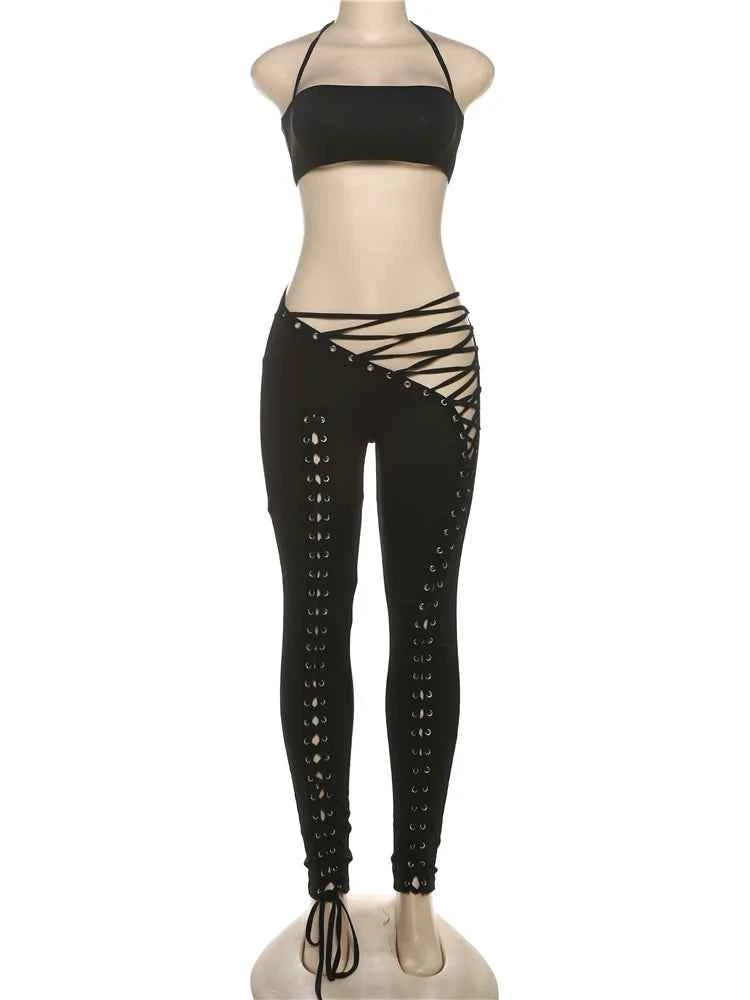 Halter Knit 2-Piece Set (Women’s Sleeveless Top & Hollow Detail Pants)