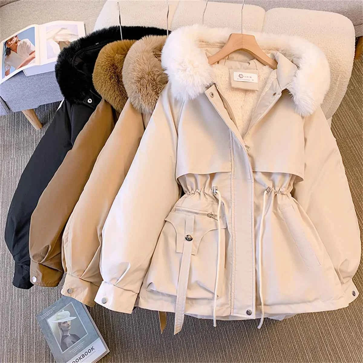 Women’s Korean Hooded Drawstring Padded Jacket – Casual Zip-Up Parka