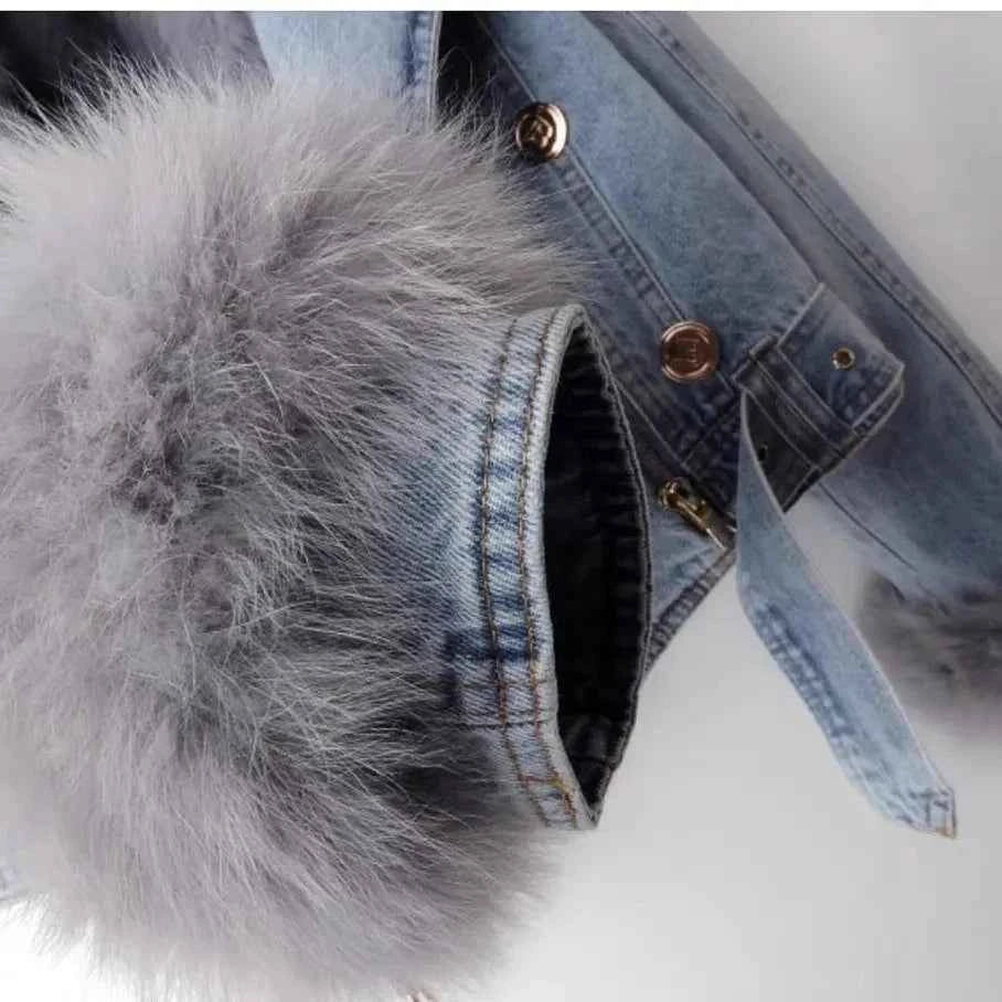 Women’s Faux Fox Fur Collar Jean Coat – Warm Rabbit Hair Lined Winter Jacket