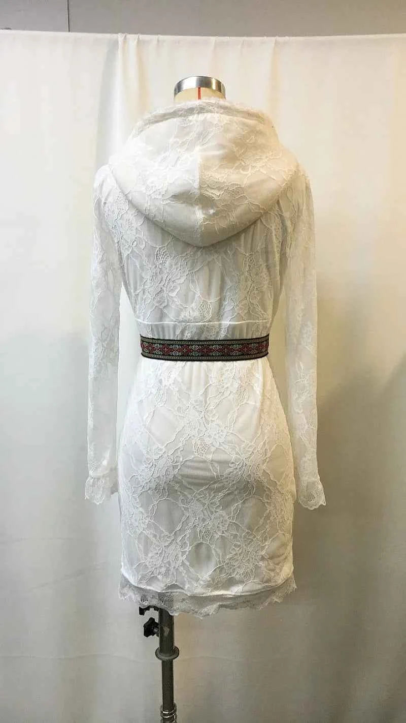 Women's Lace Half-Zip Hooded Midi Dress