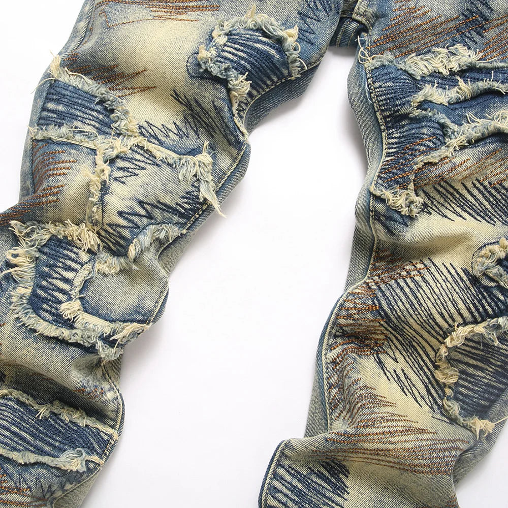 Vaqueros de hombre ajustados con pernera acampanada y retazos – Denim elástico estilo urbano