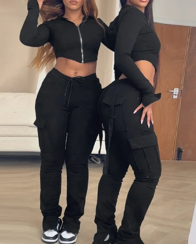 Crop Hoodie & Ruched Sweatpants Set (Women’s 2-Piece Lounge Set)