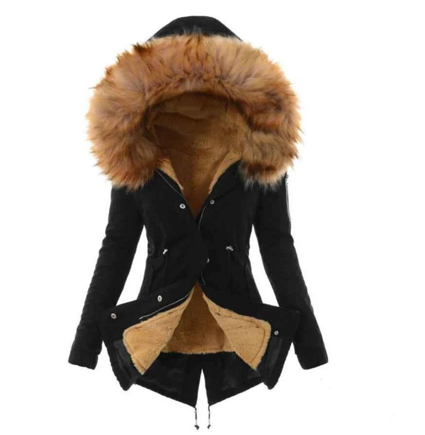 Women’s Slim Fit Hooded Fur Collar Jacket – Winter Office Style (8 Colors)