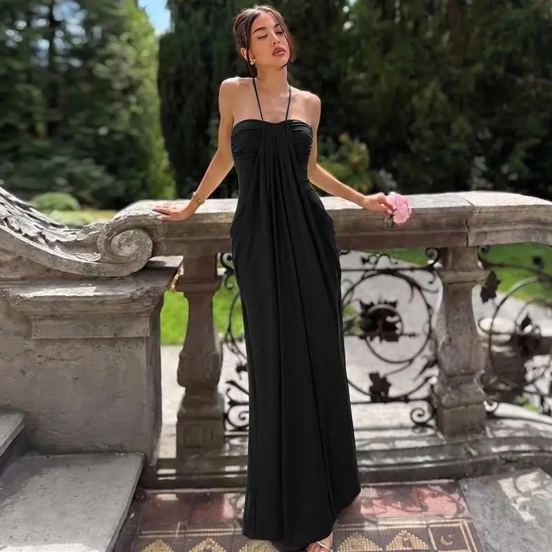 Azure Sunset Maxi Dress | Backless Halter Draped Summer Vacation Dress for Women