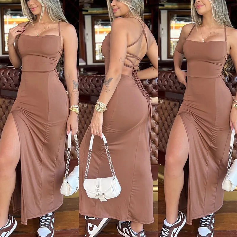 Vestido maxi asimétrico sin espalda con abertura (Vestido de verano sexy de tirantes para mujer)