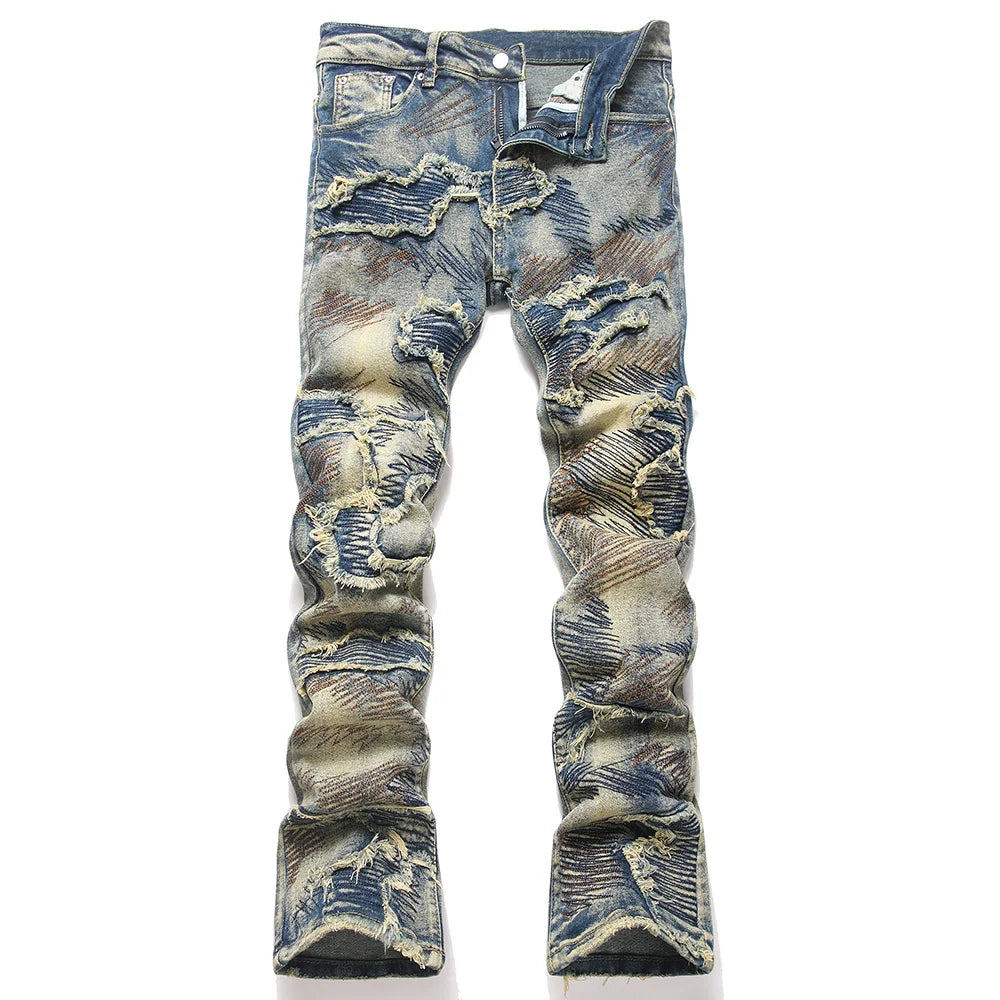 Vaqueros de hombre ajustados con pernera acampanada y retazos – Denim elástico estilo urbano