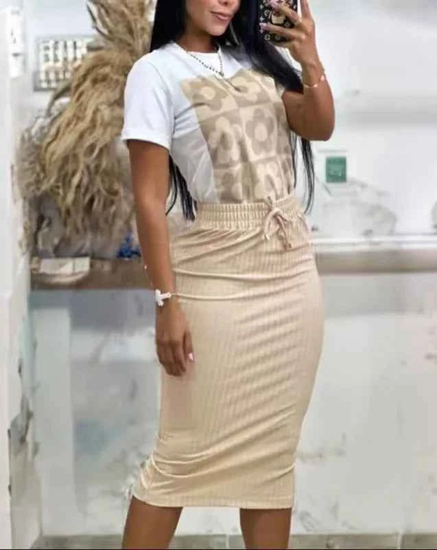 Printed Top & Midi Skirt Set (Women’s Casual Elegant 2-Piece Outfit)