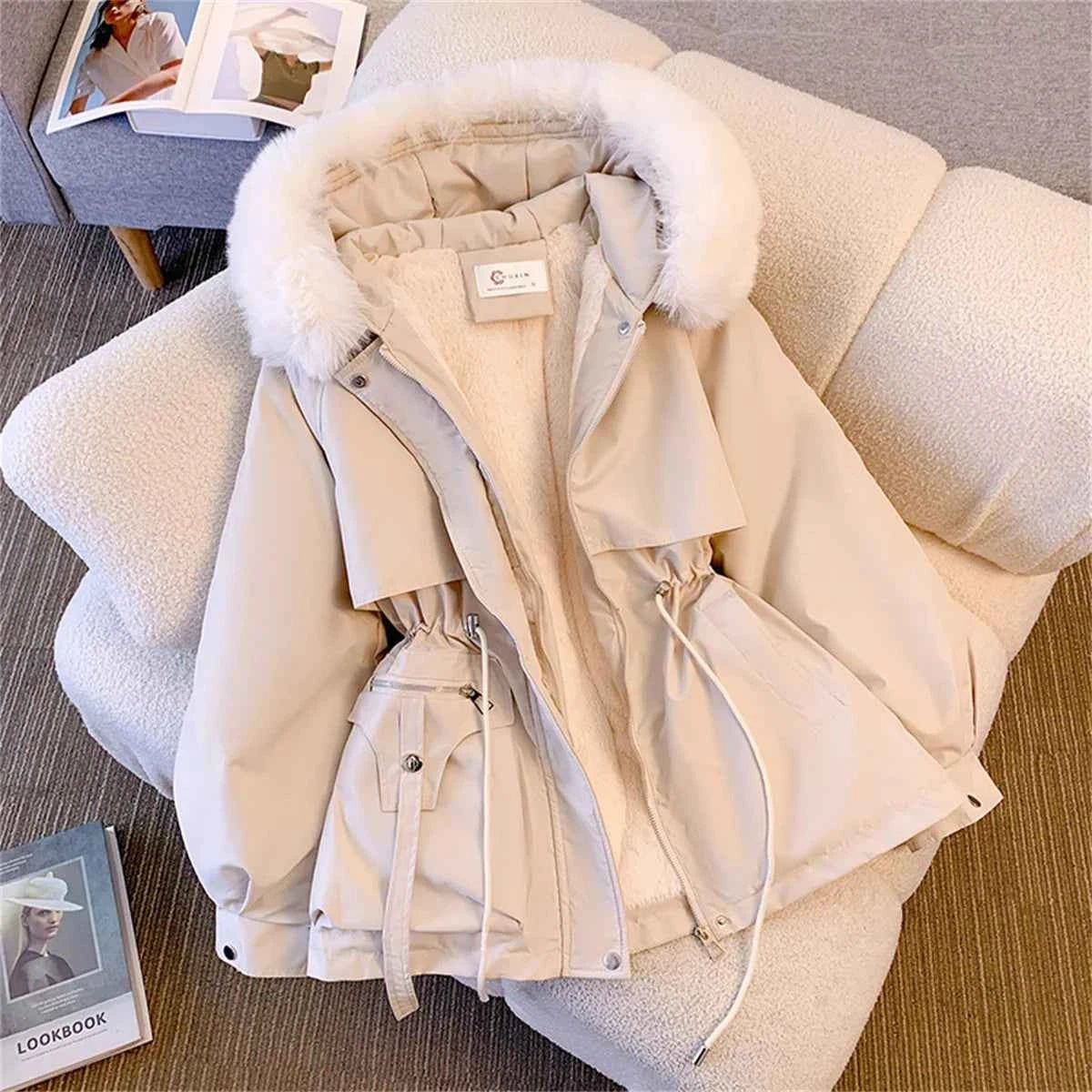 Women’s Korean Hooded Drawstring Padded Jacket – Casual Zip-Up Parka