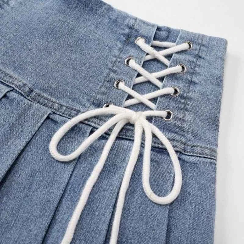 Lace-Up Denim Pleated Mini Skirt (Women’s High Waist Streetwear Skirt)