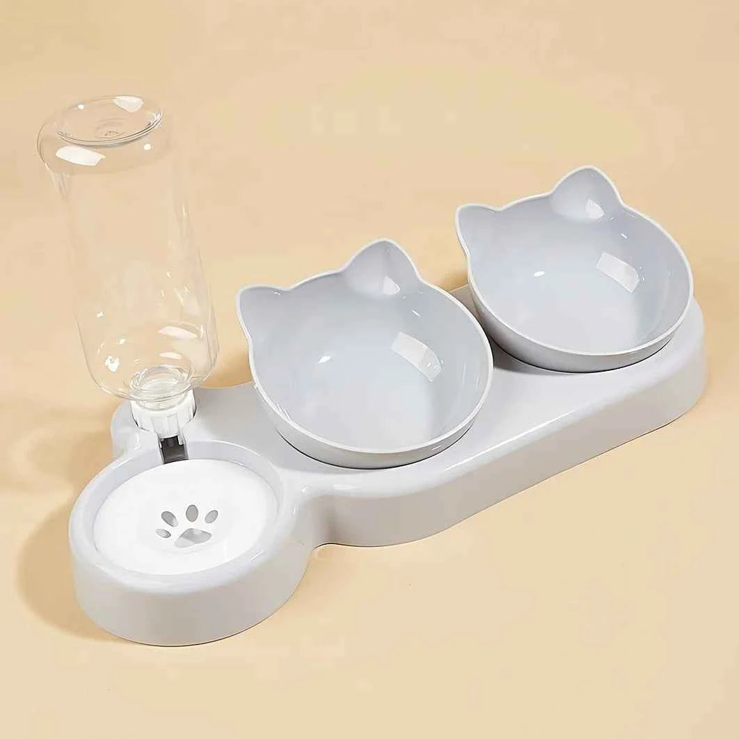 Pet Bowls With Water Feeder, 3 In 1 Ear Design Tilted Cat Water And Food Bowl Set With Gravity Water Bottle For Neck Protection