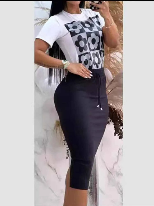 Printed Top & Midi Skirt Set (Women’s Casual Elegant 2-Piece Outfit)