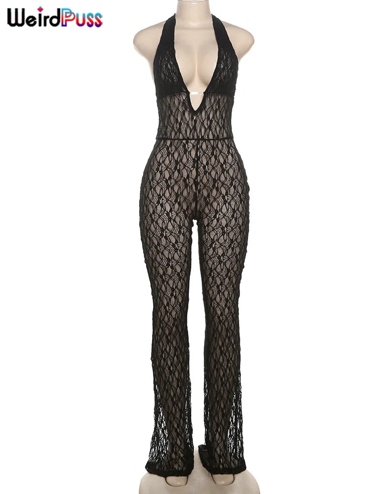 Weird Puss Sexy Mesh Halter Jumpsuit – Backless Clubwear
