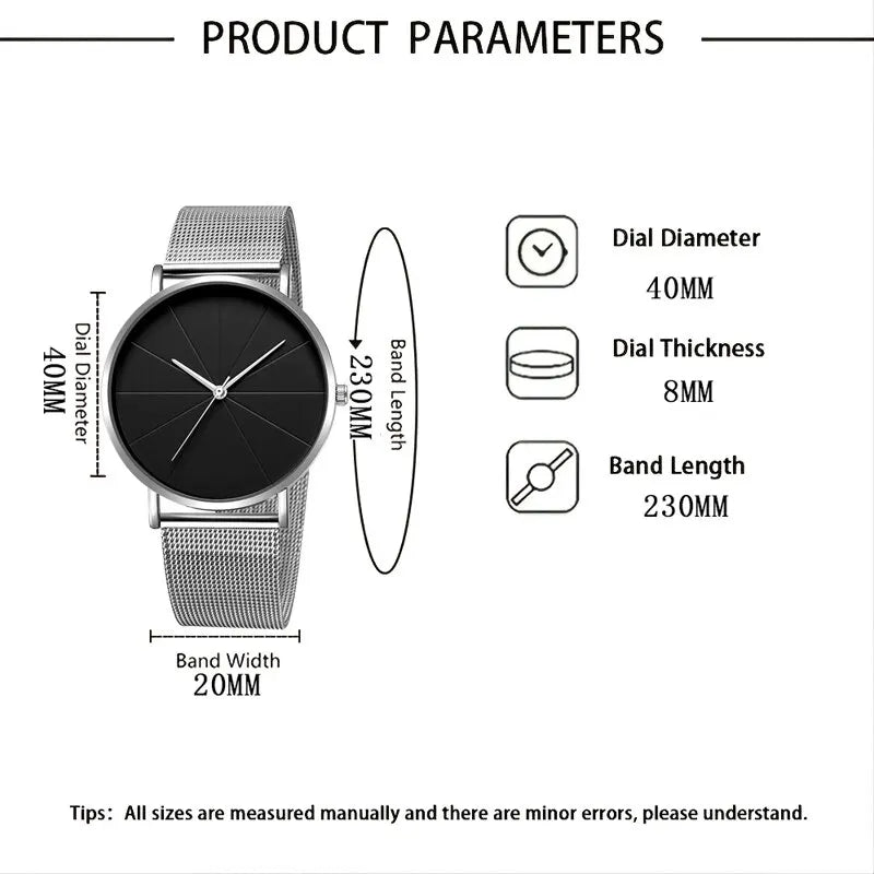Reloj de Pulsera de Cuarzo para Hombre | Reloj de Negocios con Brazalete de Malla Plateada