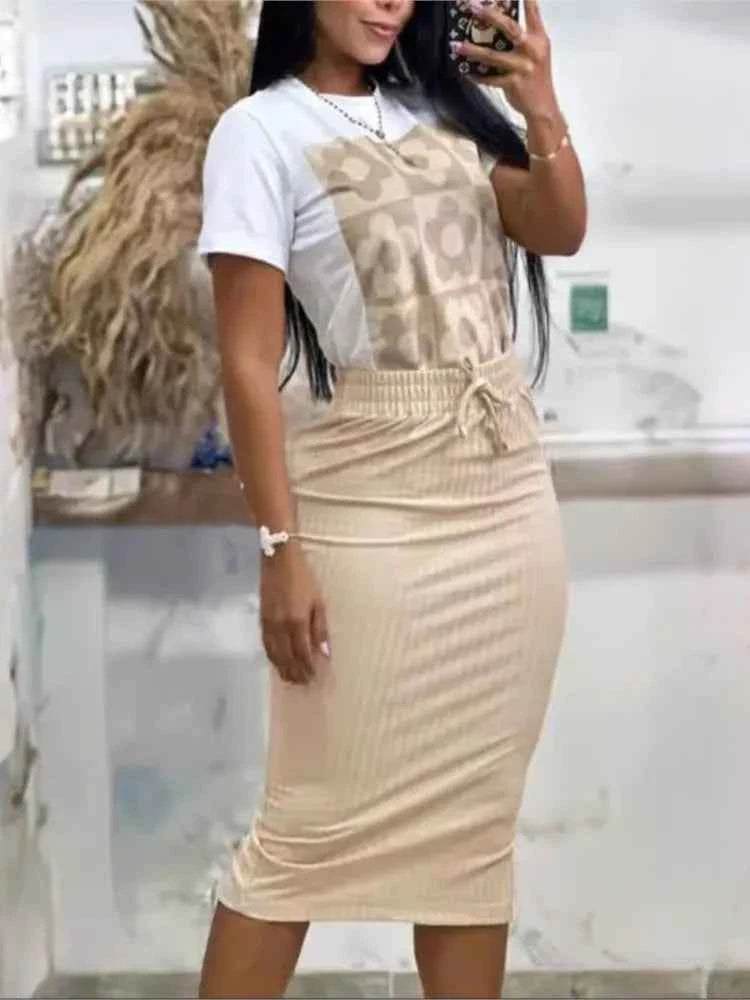 Printed Top & Midi Skirt Set (Women’s Casual Elegant 2-Piece Outfit)