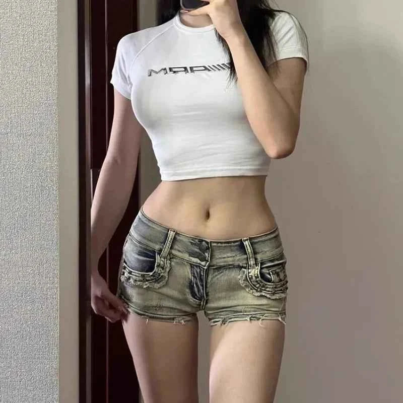Women’s Low-Rise Skinny Denim Shorts (Y2K High Street Style)