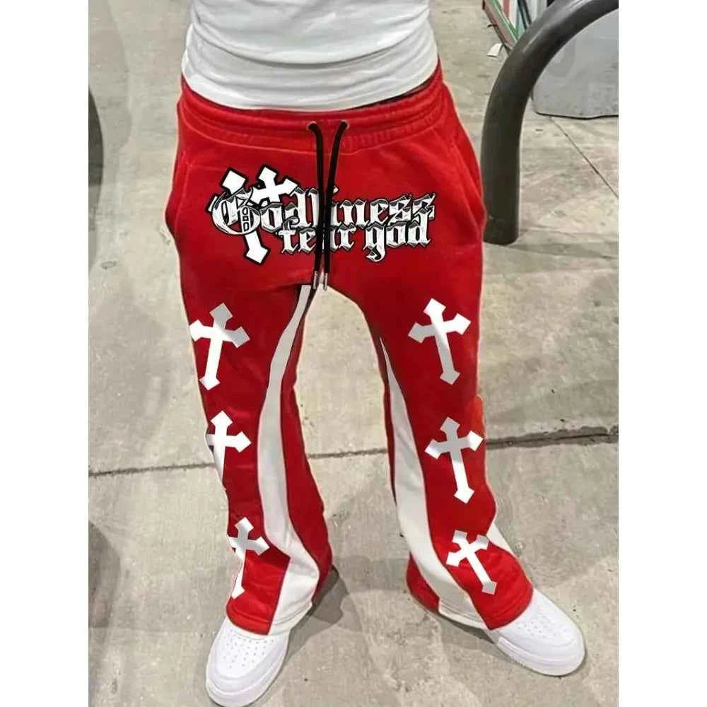Men's Cross Print Color Block Flare Sweatpants