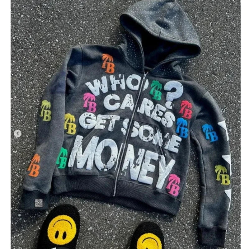Sudadera con capucha y cremallera con diseño de letras | Chaqueta casual oversize retro unisex