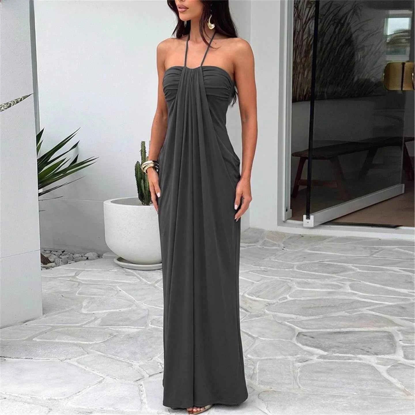 Azure Sunset Maxi Dress | Backless Halter Draped Summer Vacation Dress for Women