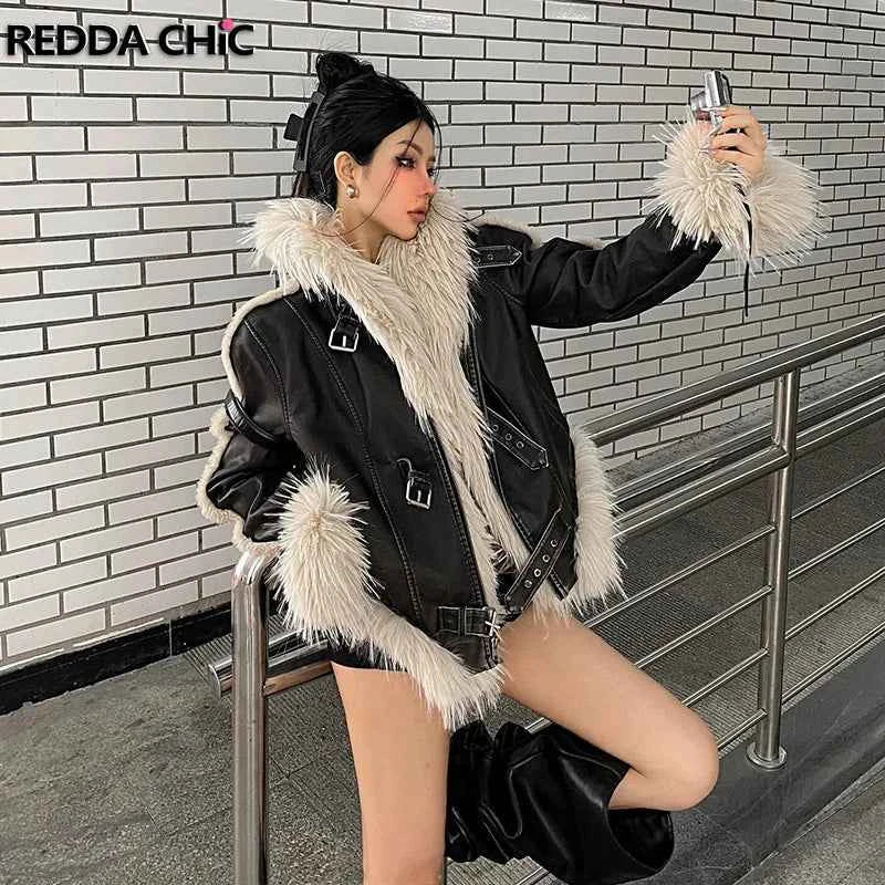 REDDA CHiC Faux Fur Collar Belted Leather Bomber Jacket – Women’s Biker Moto Streetwear Coat