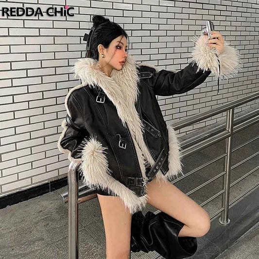 REDDA CHiC Faux Fur Collar Belted Leather Bomber Jacket – Women’s Biker Moto Streetwear Coat