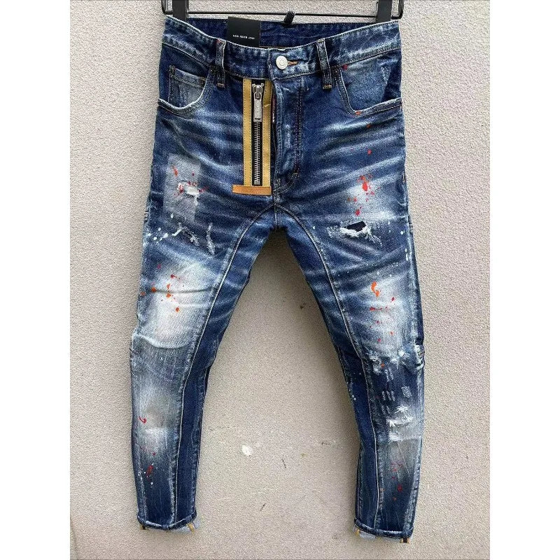 Pantalones vaqueros rotos negros para hombre, estilo italiano de calle, agujeros, pantalones de mezclilla de alta calidad para hombre, corte ajustado, talla 38