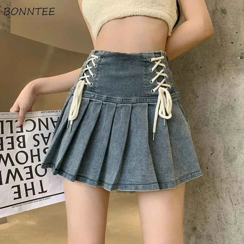 Lace-Up Denim Pleated Mini Skirt (Women’s High Waist Streetwear Skirt)