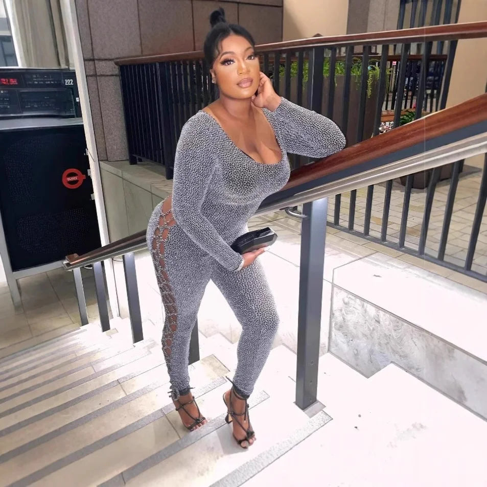 Sexy **Luxe Lace Up Leather Hollow Jumpsuits **