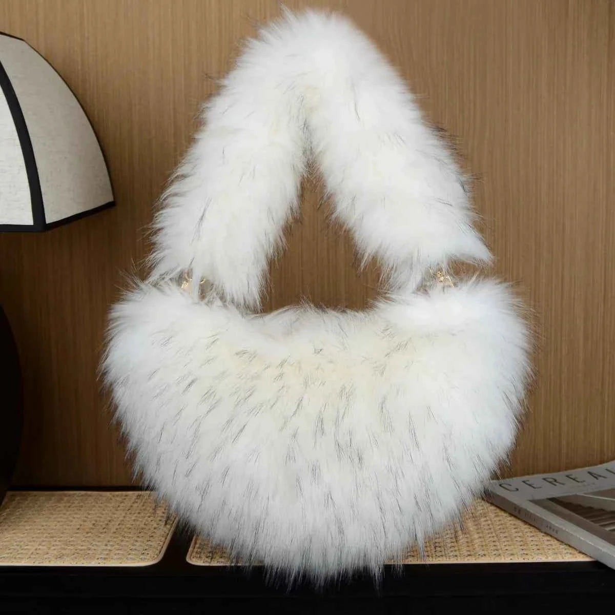 LuxeHeart Plush Shoulder Bag – Soft Faux Fur Tote for Winter