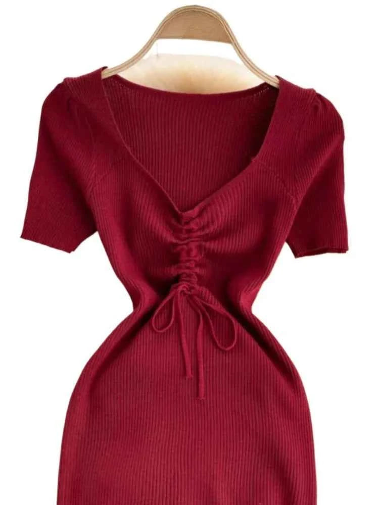 Ribbed Lace-Up Sweater Mini Dress (Women’s Bodycon V-Neck Dress)