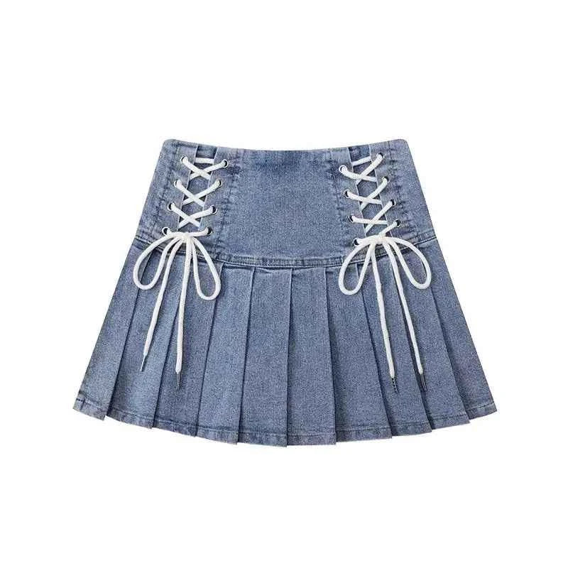Lace-Up Denim Pleated Mini Skirt (Women’s High Waist Streetwear Skirt)