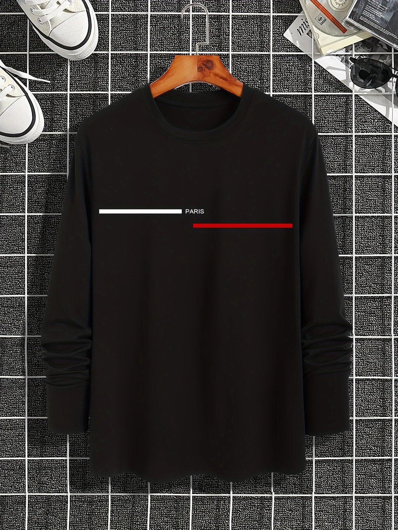 Camiseta de manga larga estampada con letras de París para hombre - 100% algodón, informal y cómoda