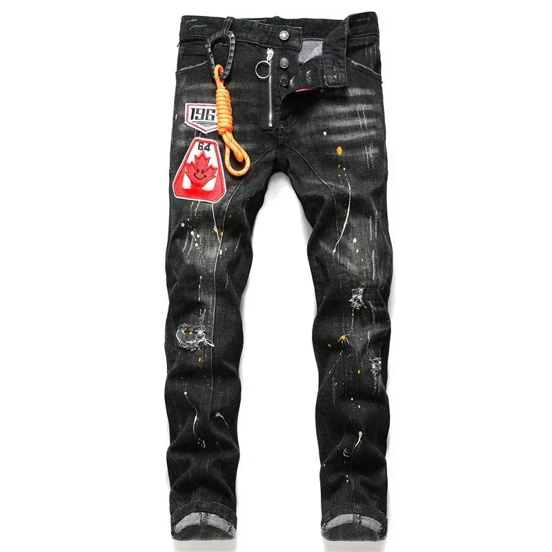 Pantalones vaqueros rotos negros para hombre, estilo italiano de calle, agujeros, pantalones de mezclilla de alta calidad para hombre, corte ajustado, talla 38