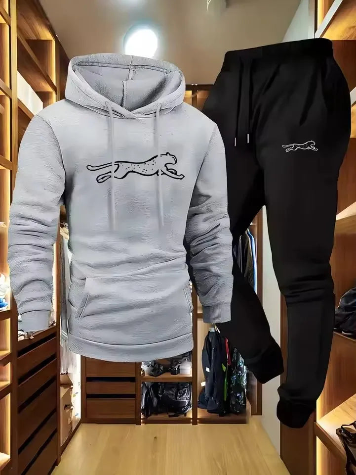 Conjunto de sudadera con capucha y pantalones deportivos para hombre – Ropa urbana informal de manga larga con estampado geométrico