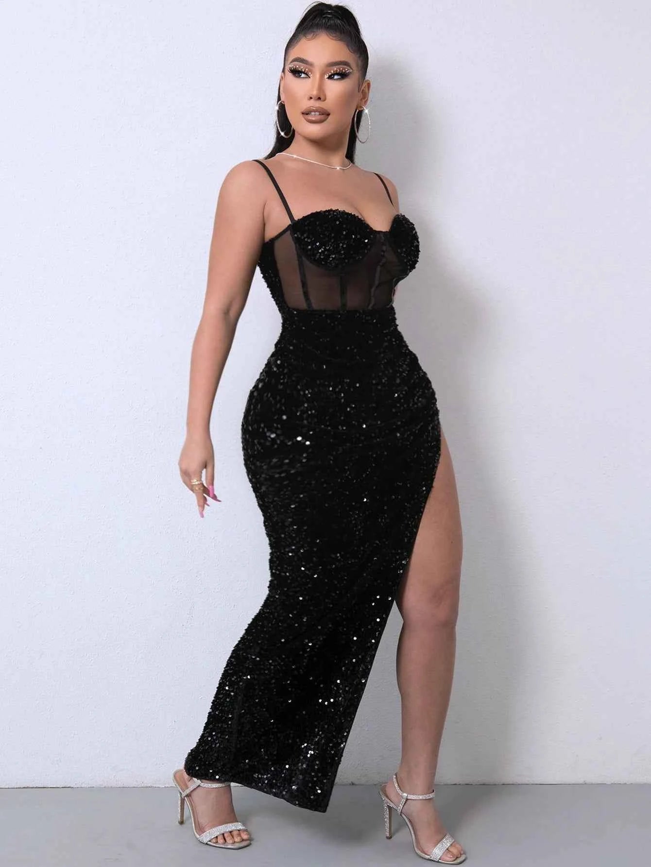 Sexy see through sequin summer dress women luxury mesh maxi birthday party dress elegant prom long evening dresses vestidos