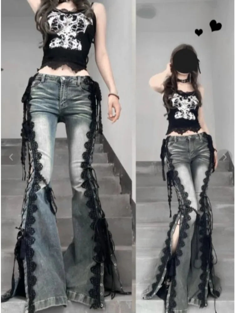 Vaqueros acampanados con cordones Y2K para mujer | Estilo urbano retro de tiro alto y pierna ancha