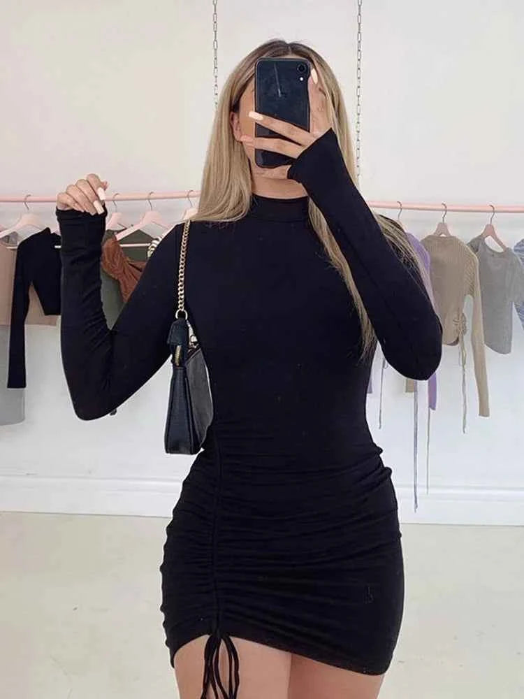 Long Sleeve Ruched Bodycon Mini Dress – Turtleneck Clubwear