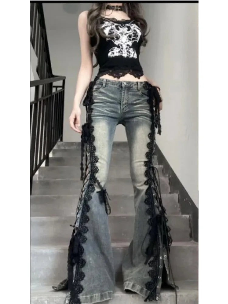 Vaqueros acampanados con cordones Y2K para mujer | Estilo urbano retro de tiro alto y pierna ancha