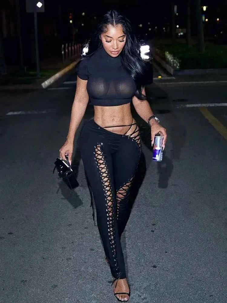 Halter Knit 2-Piece Set (Women’s Sleeveless Top & Hollow Detail Pants)