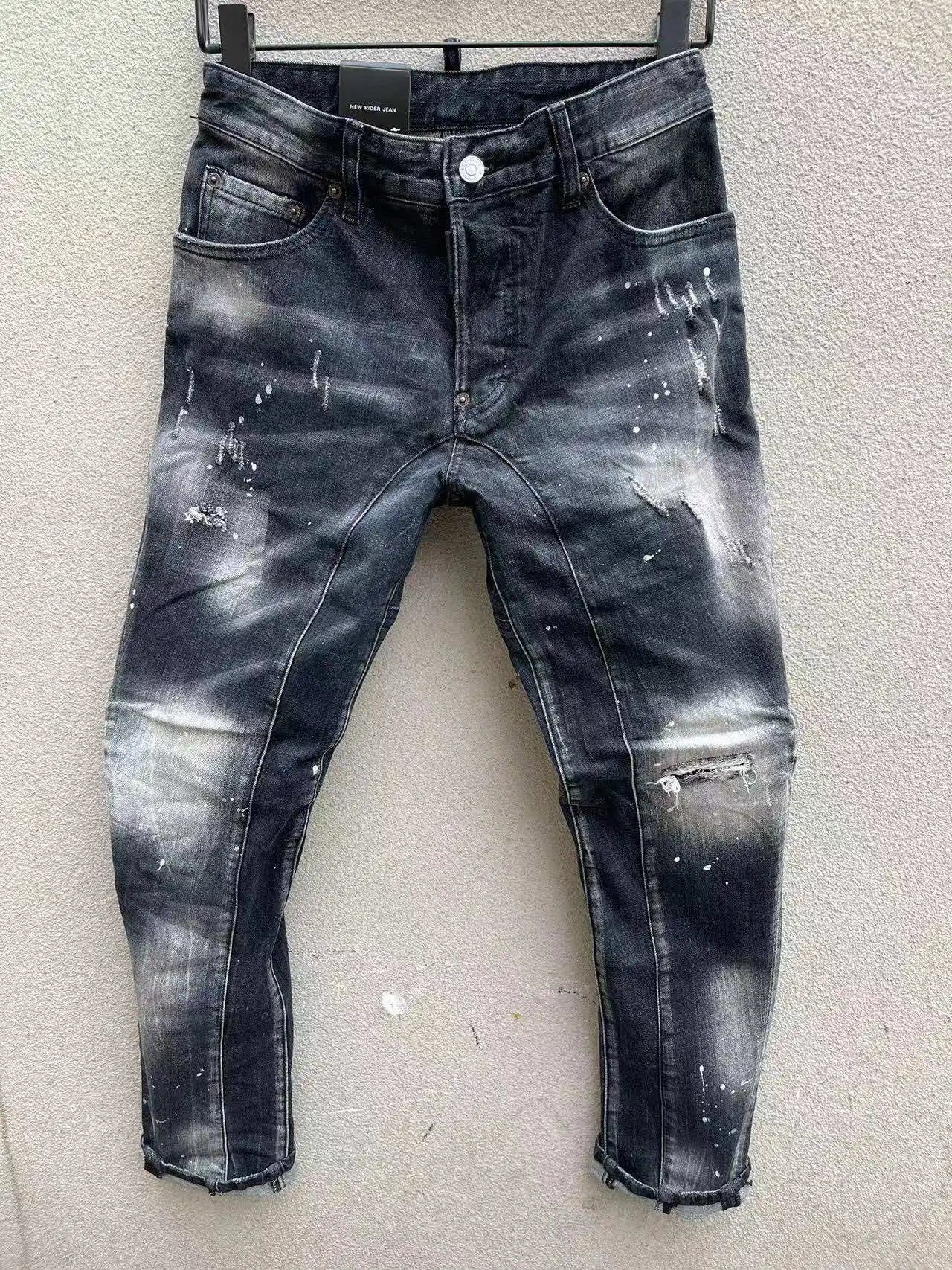 Pantalones vaqueros rotos negros para hombre, estilo italiano de calle, agujeros, pantalones de mezclilla de alta calidad para hombre, corte ajustado, talla 38
