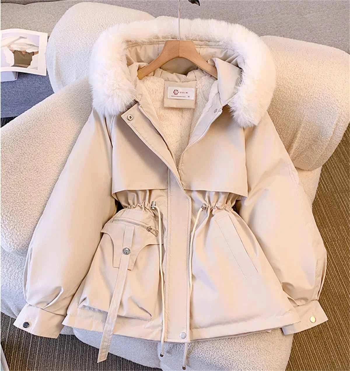 Women’s Korean Hooded Drawstring Padded Jacket – Casual Zip-Up Parka