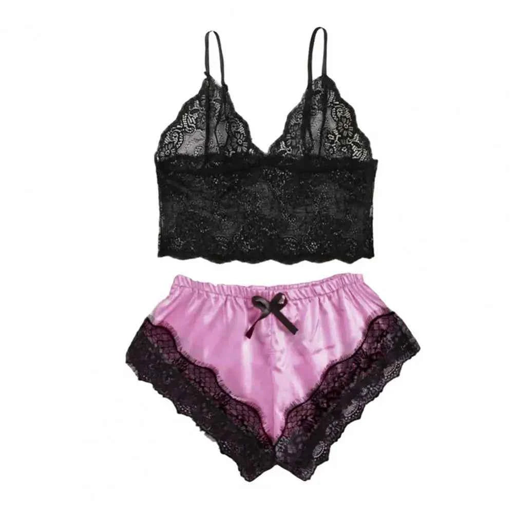 Lace Trim Satin Sleepwear Set (Women’s Camisole & Shorts Pajama Set)