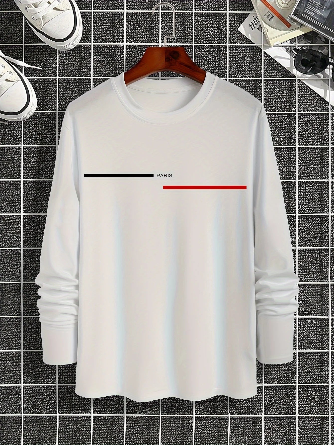 Camiseta de manga larga estampada con letras de París para hombre - 100% algodón, informal y cómoda